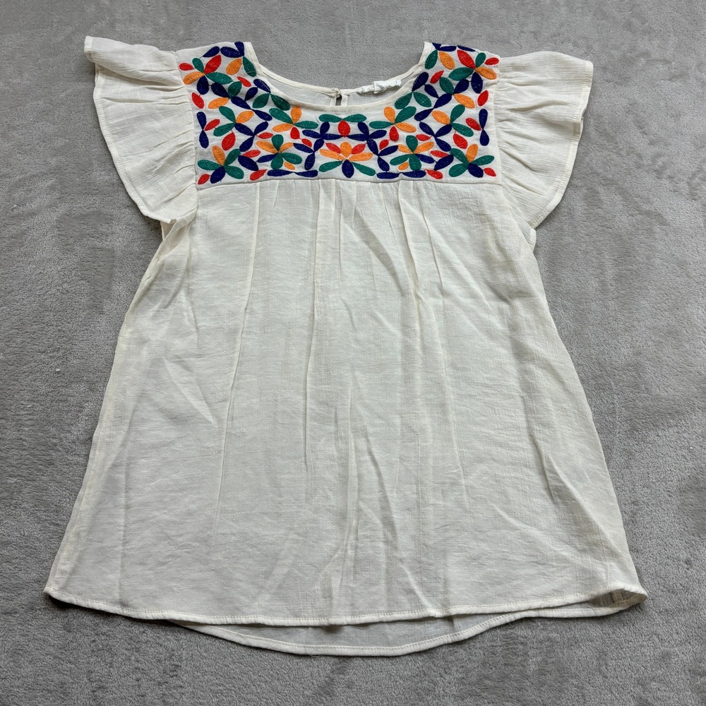 MINE Embroidered Blouse Women L White Floral Flutter Sleeve Boho Peasant Festiva